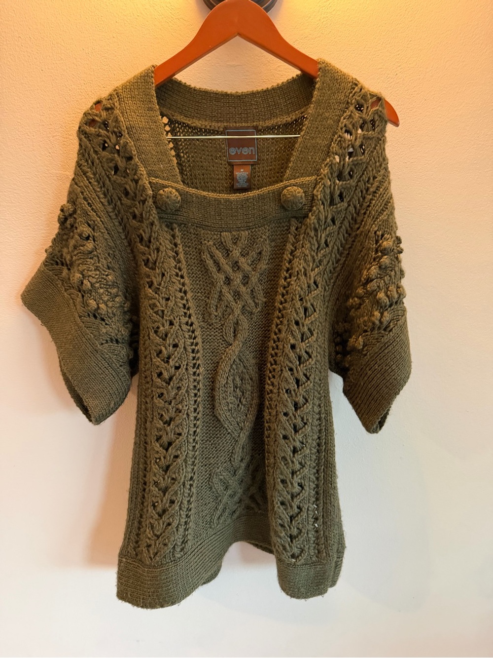 Even Olive Green Chunky Cable Knit Square Neck Short Sleeve Wool Blend Sweater M